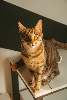 pexels photo 20566369 20566369 A curious tabby cat sitting on a white table indoors with a dramatic black background.
